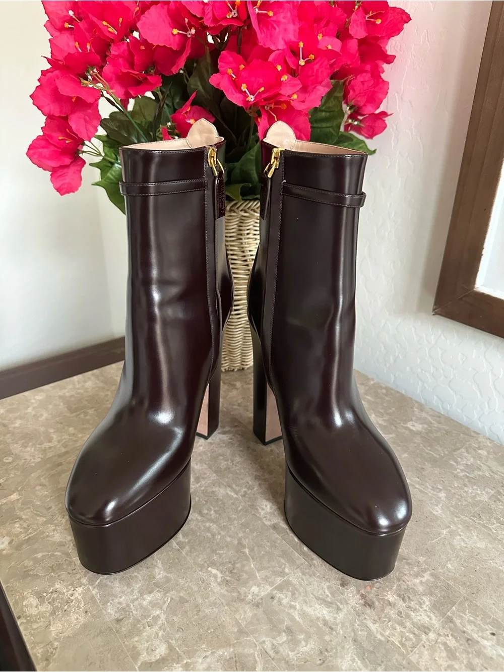 Valentino Dark Brown Leather Platform Ankle Boots with Gold V Logo
